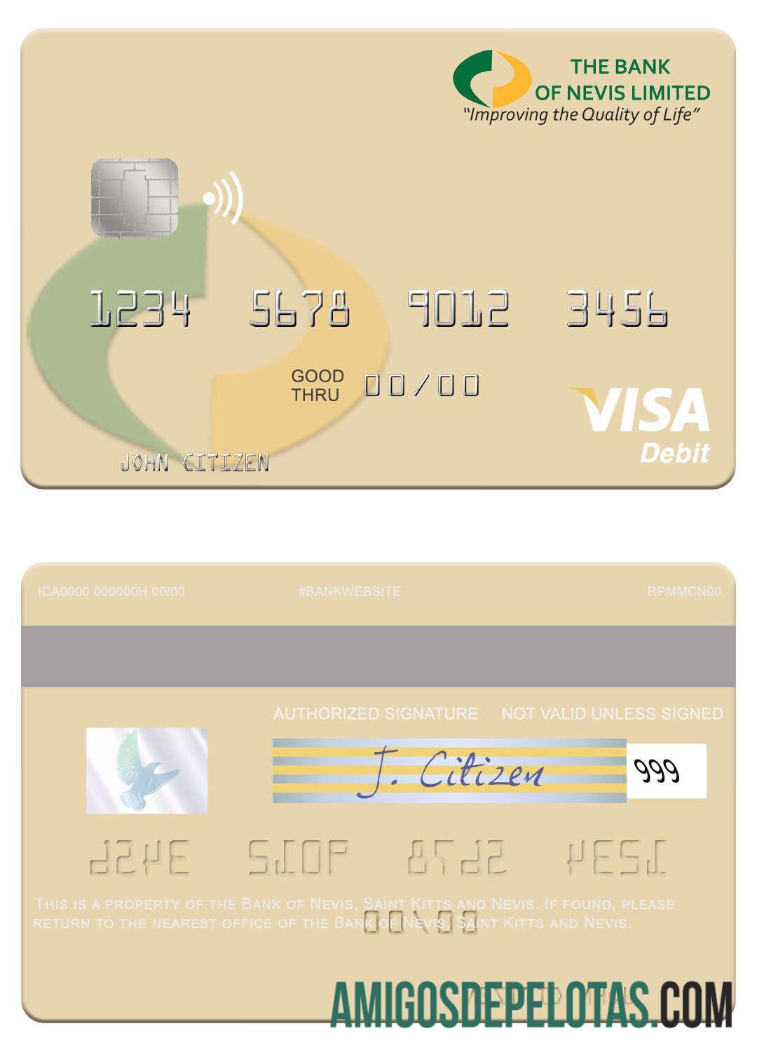 Cartão de débito Visa São Cristóvão e Nevis Bank Of Nevis modelo